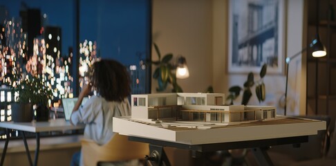 Portrait of African American female architect or student working on a house project scale model late at home, preparing for presentation with a client