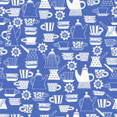 Seamless pattern. Hand drawn Fika koffe cups decorated with patterns in Scandinavian style. Hot drinks, Pottery, holidays concept. For wrapping paper, other design projects