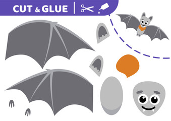 Cheerful bat. Cut and glue. Halloween. Application work. Paper game. Vector