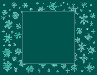 Vector template of turquoise snowflakes with an empty square for text on green for Christmas. a hand-drawn frame of snowflakes of various shapes in the style of doodles for a design template for a win