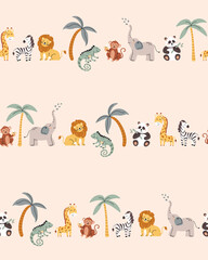 Tropical jungle seamless pattern. Zoo animals in lines. Cute wild animals in a simple Scandinavian style. Vector cartoon background