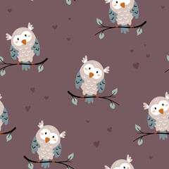 Seamless pattern with cute owls sitting on branch. Childish owl birds  background. Ideal for fabrics, textiles, apparel, wallpaper. Scandinavian style