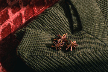 Army green woolen sweater and star anise seed pods