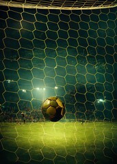 Soccer ball flying into golden mesh. Digital illustration.