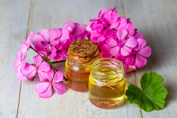 Fresh geranium flower with geranium essential oil, geranium oil