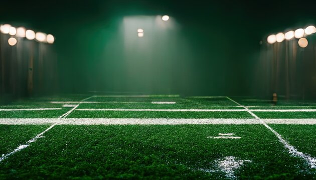 Green sport turf with lines and lights. 3d illustration.