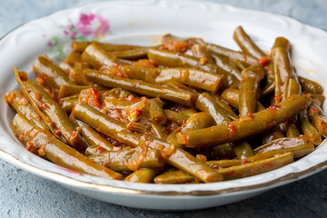 Traditional delicious Turkish food; fresh green black eyed peas food (Turkish name; Zeytinyagli yesil taze borulce or acebek)