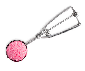 Top view of scoop of sweet refreshing homemade berry ice cream or organic sorbet made of red raspberries or strawberries served in special metal silver spoon or scooper isolated on white background