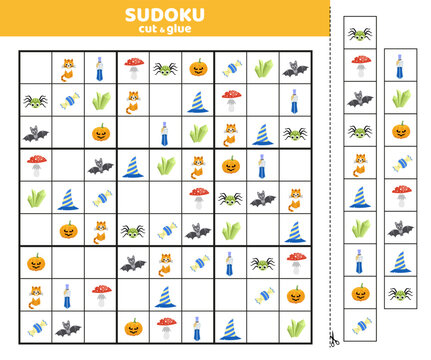 Halloween sudoku for kids with nine cartoon pictures. Halloween sudoku. Cut and glue
