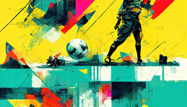 Soccer sports themed abstract painting with football and player. Illustration.