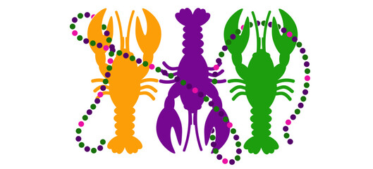 Mardi Gras decor. Beads, three lobsters, 3 crayfish clip art. Fat Tuesday decoration print	
