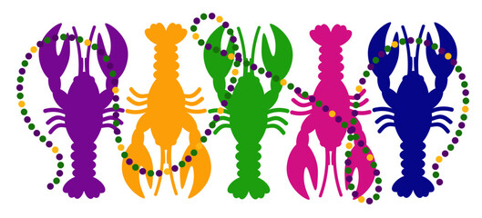 Mardi Gras decor. Beads, five lobsters, 5 crayfish clip art. Fat Tuesday decoration print	
