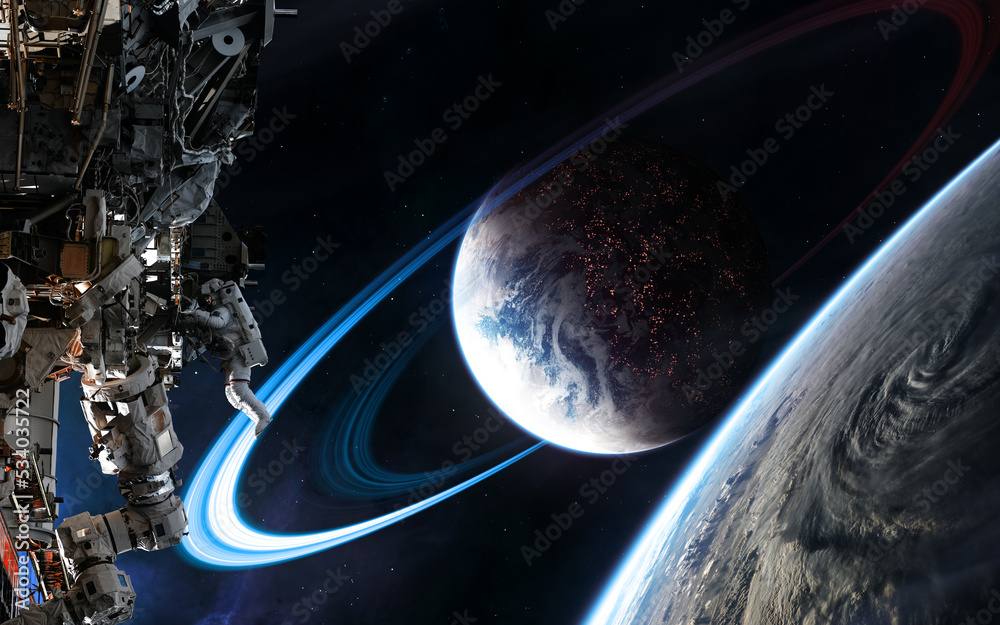 Poster deep space planets, orbiting space station. science fiction. elements of this image furnished by nas