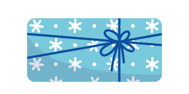 Chrismas present with ribbon. Blue gift with snowflakes. Flat, cartoon, vector