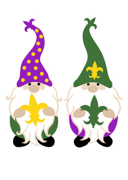 Mardi Gras two gnomes svg. Fleur-de-lis flowers clip art. New Orleans carnival decorations. Gnome hat.