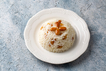 Traditional delicious Turkish food; Almond rice pilaf (Turkish name; Bademli pirinc pilavi)