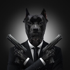 Artwork of dog professional killer holding pistols in cross staffordshire bullterrier breed.