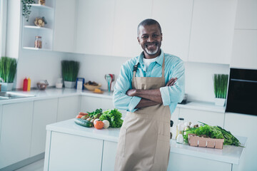 Photo of positive aged man crossing arms ready making tasty supper fresh organic products in modern kitchen house