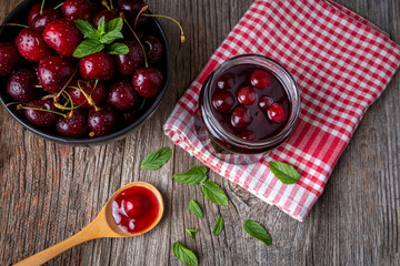 Fresh organic cherries - cherries and cherries in jars - sour cherry jam