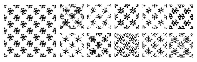 a set of patterns of black snowflakes isolated elements. seamless pattern of simple doodle snowflake icons isolated on white for winter holidays