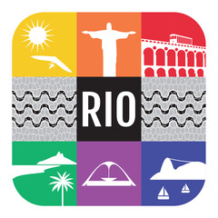 Ícones do Rio de Janeiro - ilustração contendo desenhos estlizados de alguns dos principais pontos turísticos do Rio de Janeiro: Pão de Açúcar, Cristo Redentor, Praia de Ipanema, Sambódromo, Bondinho 