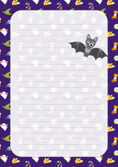 Bat. Note paper. Page. Halloween notebook sheet. Cartoon, flat, vector