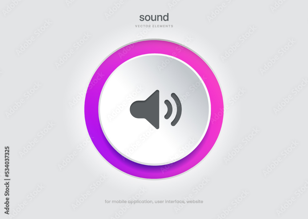 Fototapete Speaker and sound icon. Computer voice icon. Megaphone and music icon. Sound pictogram. Musical note. Audio sign. UI UX element. Sound button. Audio system, noise with soft UI, push button.