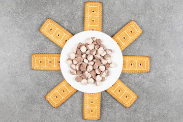 Delicious fresh crackers with sweet chocolate balls