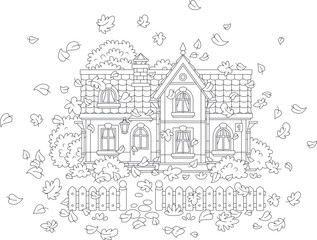 Pretty country house and a small courtyard with a fence, trees, bushes and autumn leaves swirling around, black and white vector cartoon illustration on a white background