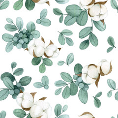 watercolor drawing. seamless pattern with eucalyptus leaves and cotton flowers on a white background