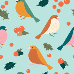 Birds and holly berries. Winter christmas modern pattern for textile with blue background. 