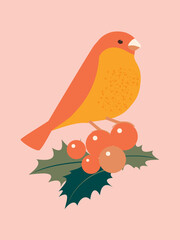 Winter birdie with holly berries on a pink vertical background. Christmas cute banner. Vector.