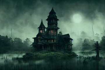 Full Moon Haunted Mansion on the Bayou in the Middle of Nowhere Concept Art - obrazy, fototapety, plakaty