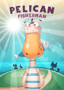 Cartoon character animal fisherman pelican - poster illustration