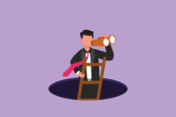 Cartoon flat style drawing businessman climbs out of the hole by ladder and using binocular. Business vision, idea, solution. Looking for opportunity and challenge. Graphic design vector illustration - obrazy, fototapety, plakaty