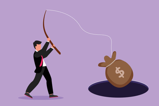 Cartoon flat style drawing of businessman holding fishing rod got big money bag from hole. Man catching money bag with fishing rod. Business idea for making money. Graphic design vector illustration