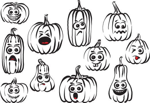 set funny pumkins halloween concept drawing vector illustration