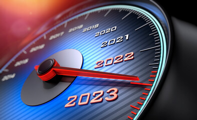 Fototapeta premium Blue glowing speedometer showing the year 2023 - 3D illustration