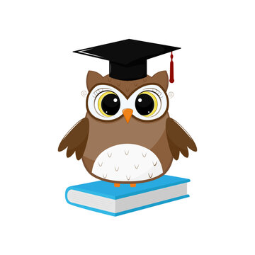 Cute cartoon owl with a graduation cap and a book. Vector illustration for design and print