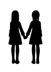 Silhouette of two girls in sailor uniforms holding hands.	
