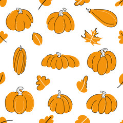 Pumpkins seamless pattern vector illustration. Hand drawn elements with falling leaves with black and white outli. Childish flat doodle style 