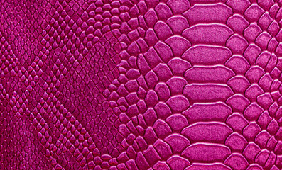 Beautiful red, pink bright snake or crocodile skin, reptile skin texture, multicolored close-up as a background. © Vera
