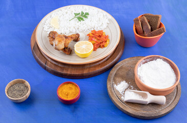 Grilled chicken legs meat with tasty rice
