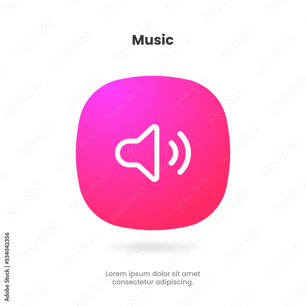 Fototapete Speaker and sound icon. Computer voice icon. Megaphone and music icon. Sound pictogram. Musical note. Audio sign. UI UX element. Sound button. Audio system, noise with soft UI, push button.