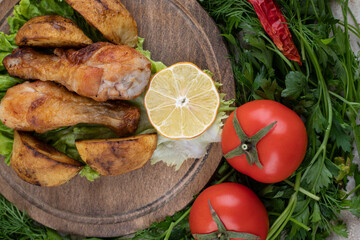 A wooden board of fried chicken legs meat and vegetables