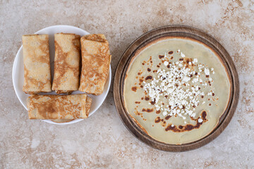 Homemade thin fresh crepes for breakfast or dessert
