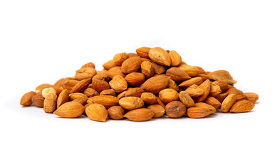 Apricot kernels peeled close-up as a background. Apricot grains heap isolated on white background.