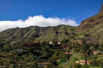 Panoramic view on the remote tourist village of Masca in the Teno mountain range, Tenerife, Canary islands, Spain, Europe. Valley is surrounded by steep lush green hills. Exotic tropical atmosphere