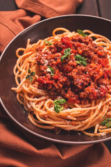 Spaghetti Bolognese, top view, close-up, no people, homemade,