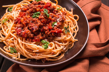 Spaghetti Bolognese, top view, close-up, no people, homemade,